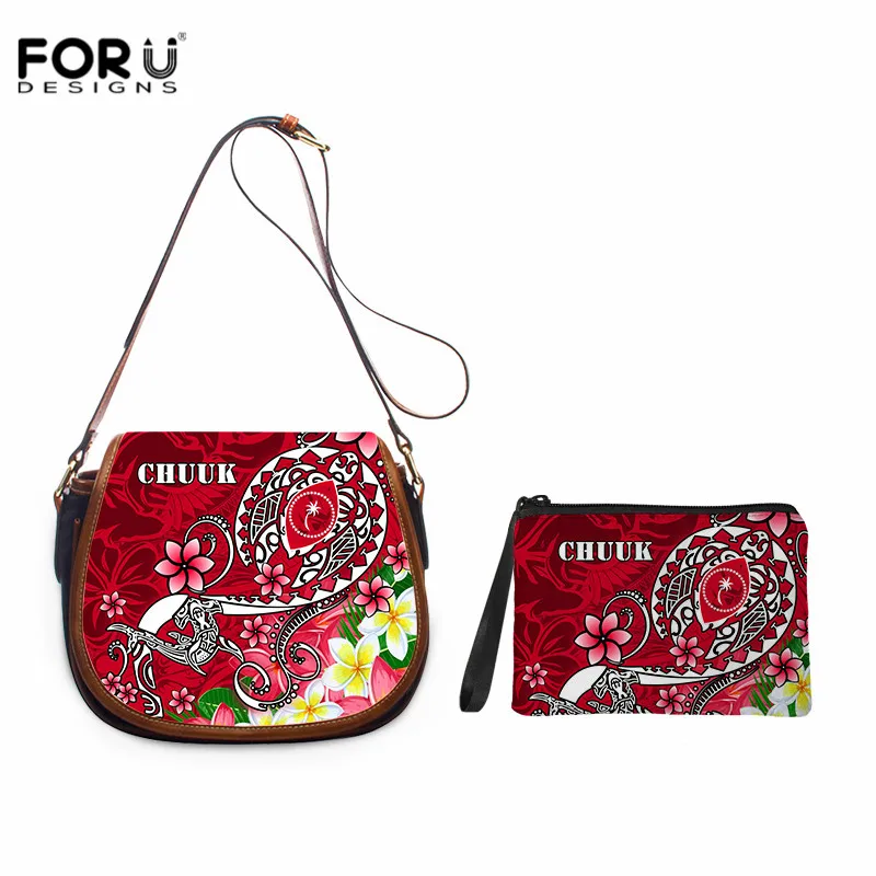 

FORUDESIGNS Red Chuuk Polynesian Crossbody Bag PU Leather Handbags for Women Tribal Plumeria Hibiscus Print Shoulder Bags Clutch
