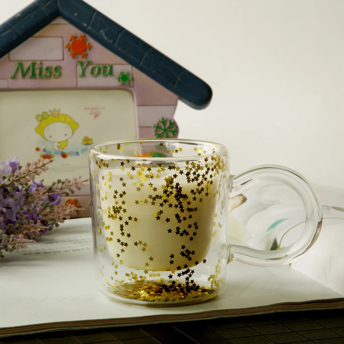 

Drinking Set Home Breakfast Cup Milk Cup Gold Flash Quicksand Double Glass With Handle Drink Cup Water Cup