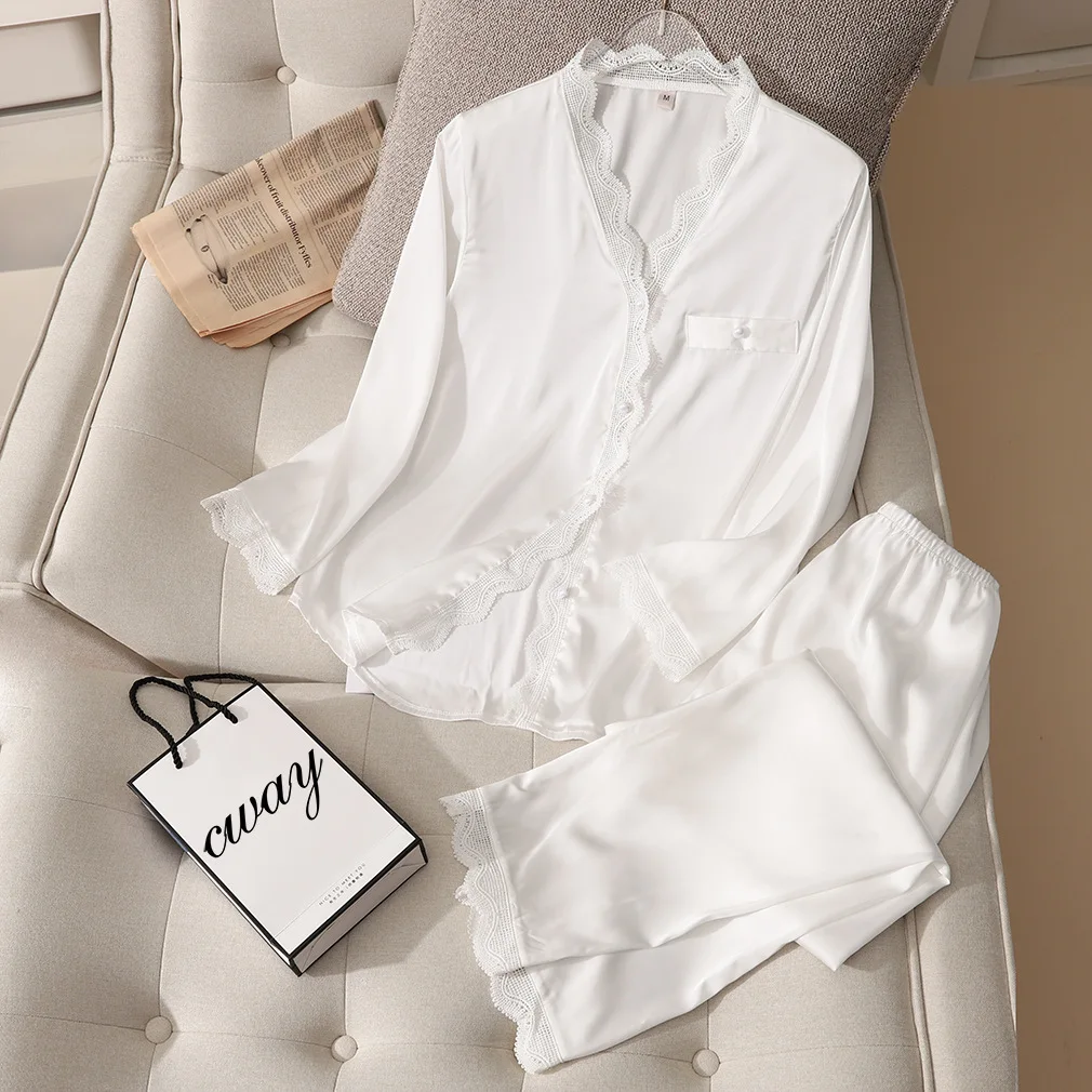 

JULY'S SONG New Stain Lace Woman Pajamas Set Pieces Spring Autumn Sleepwear Elegant Solid Color V-neck Ice Silk Homewear