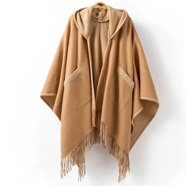 No.1 khaki beige Шерстяное пончо с капюшоном и кисточками для женщин, женские шарфы, зима, шерстяной шарф, накидка, накидка, шаль 135*155 см, 670 г - Цвет: No.1 khaki beige