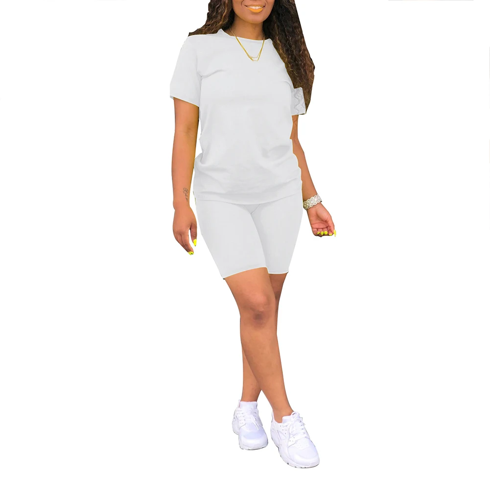 

Summer Women Solid Color Short Sleeve T-shirt Elastic Shorts Cotton Sports Tracksuit Tee Top Pencil Shorts Two Piece Suits Set