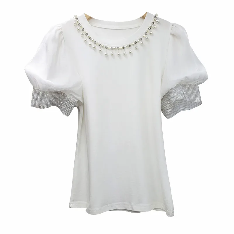 

2021 Summer New Female Black Short Puff Sleeve T-shirt Women White All-Match Rhinestones Round Neck Bottoming Tops Graphic Tees