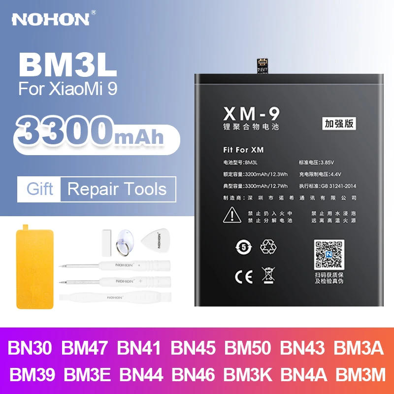 Аккумулятор Nohon BM3L для Mi 9, батарея BM47 BN41 BN30 BN45 BM50 BN43 BM3A BM39 BM3E BN44 BN46 BM3K BN4A BM3M для Xiaomi Redmi Note 4 4A - изображение