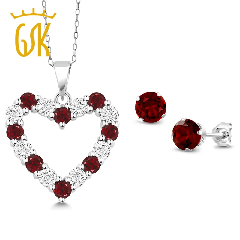 GemStoneKing натуральный бриллиант и красный гранат сердце кулон серьги набор Твердое