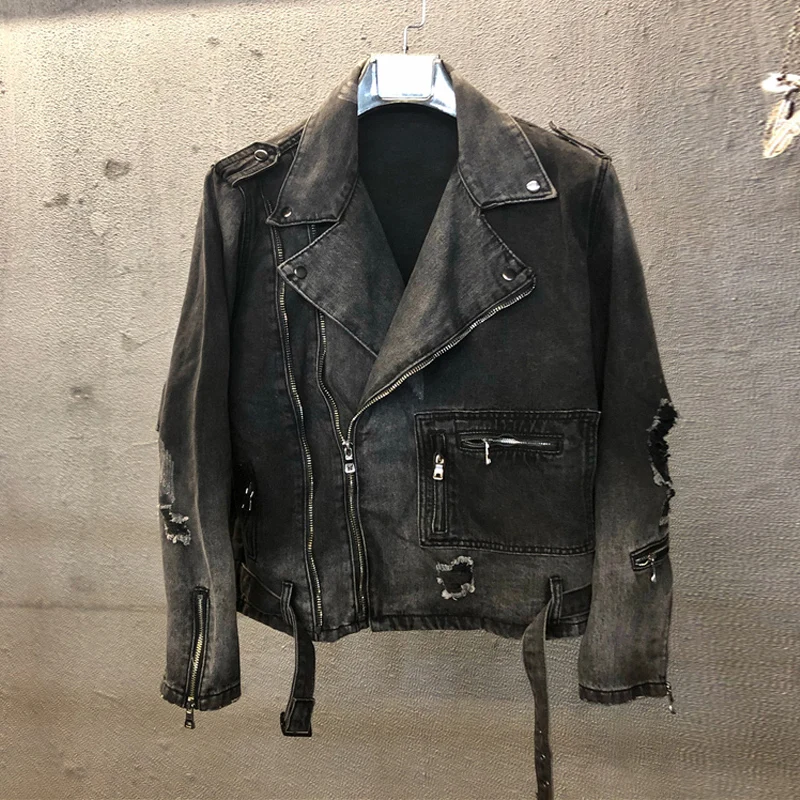 

Fashion Streetwear Punk Jacket Men Black Color Destroyed Ripped Denim Cotton Hip Hop Coats High Quality Designer Biker Chaqueta