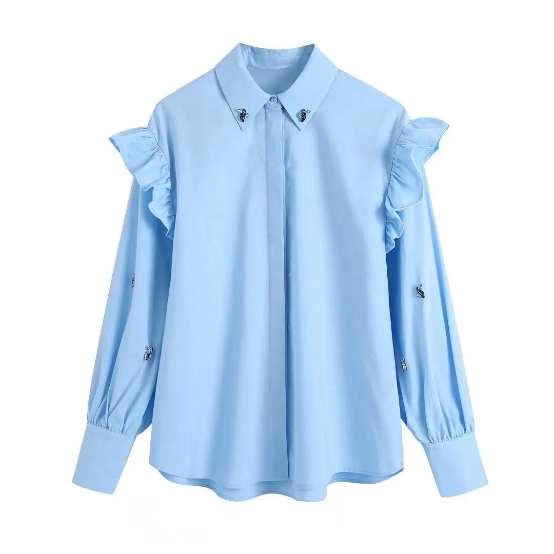 

2022 Jewel Ruffled Shirt Women Poplin Shirt with Lapel Collar and Long Sleeves Faux Gem Applique Detail Vintage Top Woman
