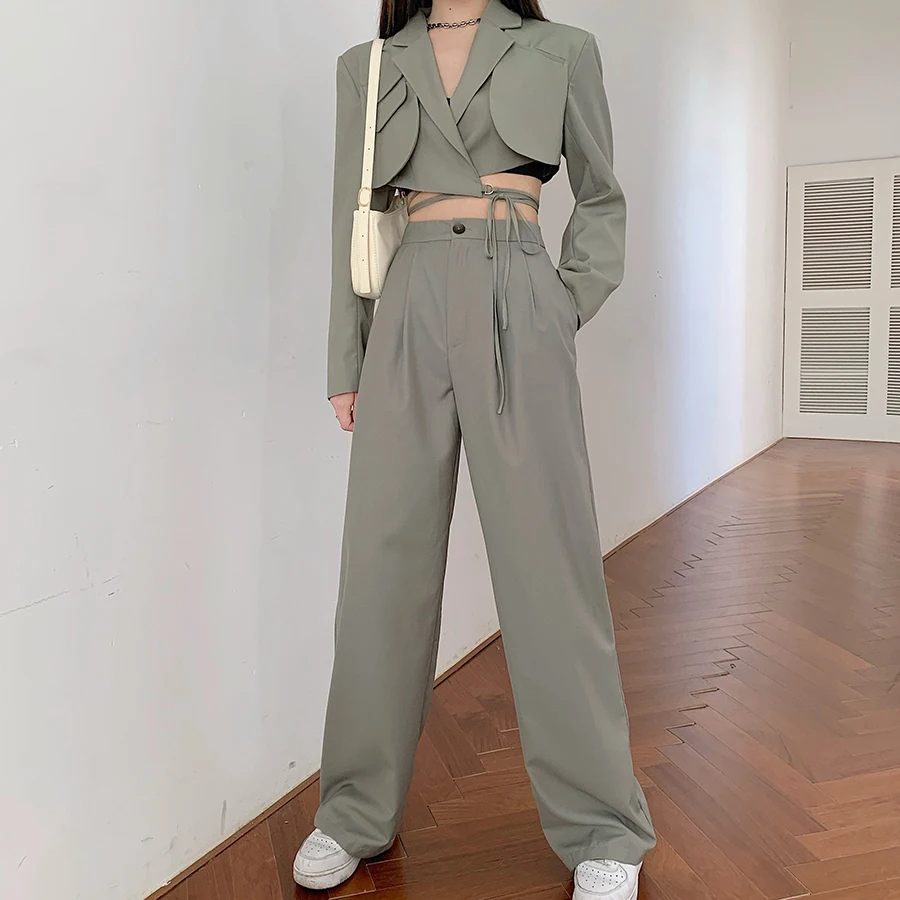 Runway New Chic Women Crop Top Sexy Lace-up Blazer Coat&High Waist Long Pants Suits For Female Summer Streetwear Two 2 Piece Set