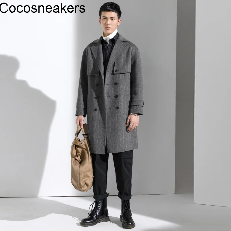 

New Medium and long cashmere coat men's Korean loose stripe thickened Lapel business casual large windbreaker coat