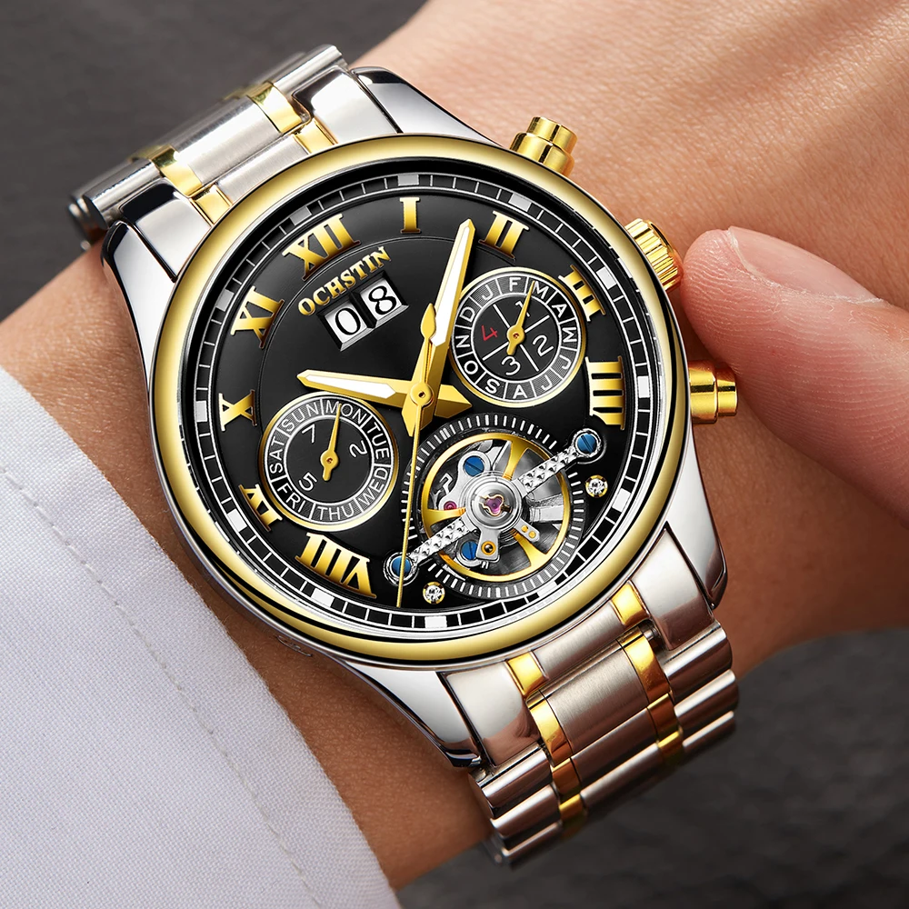 Часы мужские механические водонепроницаемые с римскими цифрами и турбийоном |