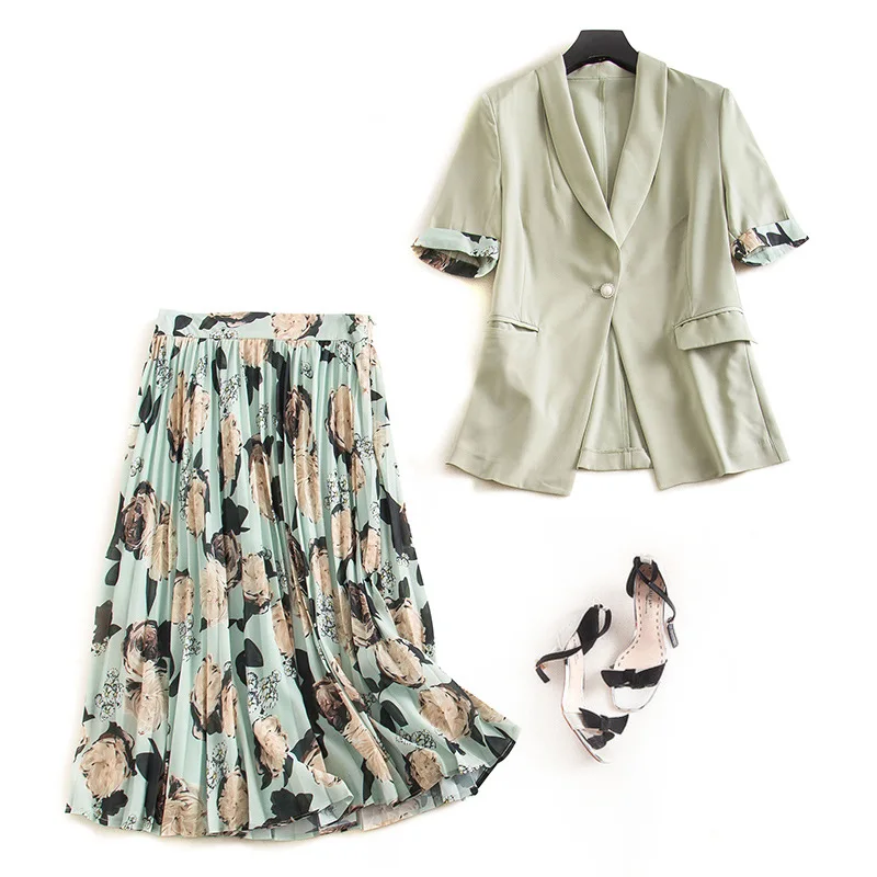 

woman 2 piece sets 2020 OL summer short sleeve shawl collar blazers coats+chiffon pleated printed long skirts set outfit JC284