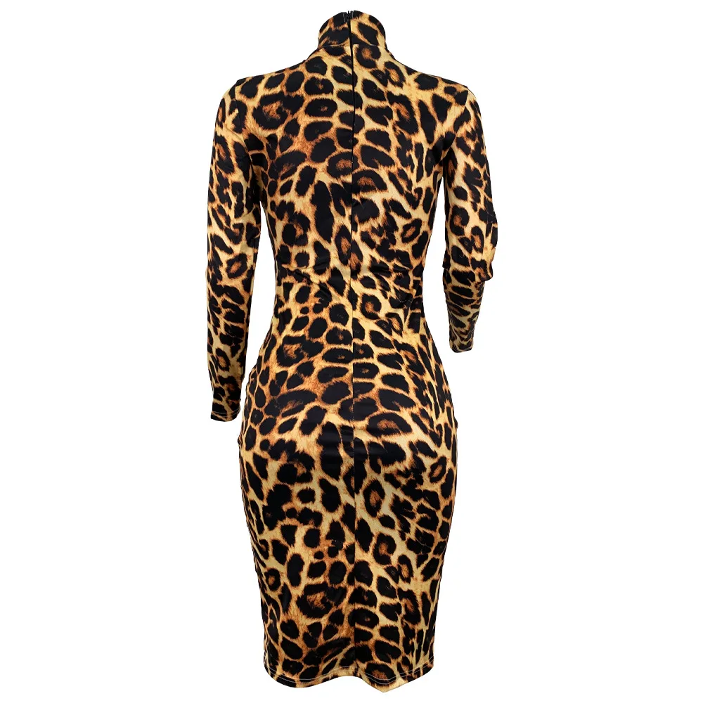 

Leopard Lips Print 2019 Winter Dresses Turtleneck Autumn Long Sleeve Elegant Party Bodycon Knee Dress Club Sexy Women Vestidos