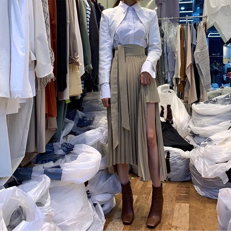 

Женская плиссированная юбка цвета хаки, асимметричная винтажная повседневная юбка до середины икры с поясом и высокой талией, осень 2021