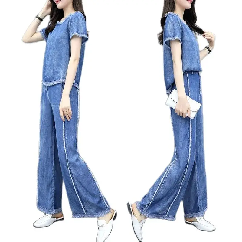 

2PCS Cowboy Casual Women's Suit Summer New Fashion Show Thin Fashion Goddess Fan Wide Legs Pants Ladies Denim Two-Piece Suit