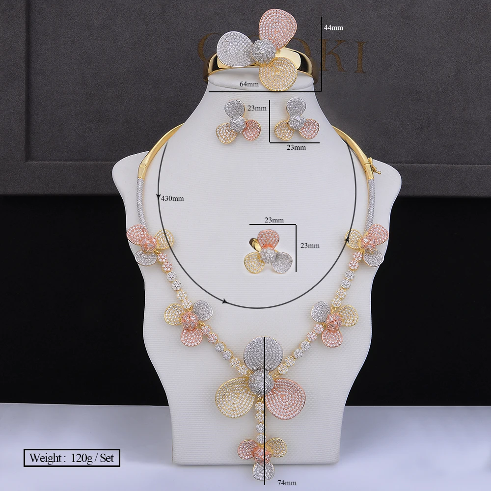 

GODKI Luxury 3TONE Flowers African Jewelry Sets For Women Wedding Full Micro Cubic Zirconia Dress Necklace Earring Sets