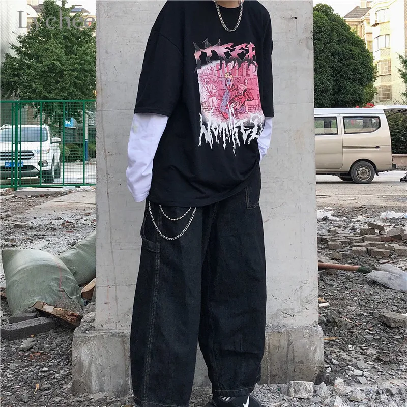 Lychee Harajuku/женская футболка с принтом персонажей из мультфильма, топ, футболка, поддельные Женские футболки из 2 частей, топы, футболки, лоскутные женские футболки с круглым вырезом