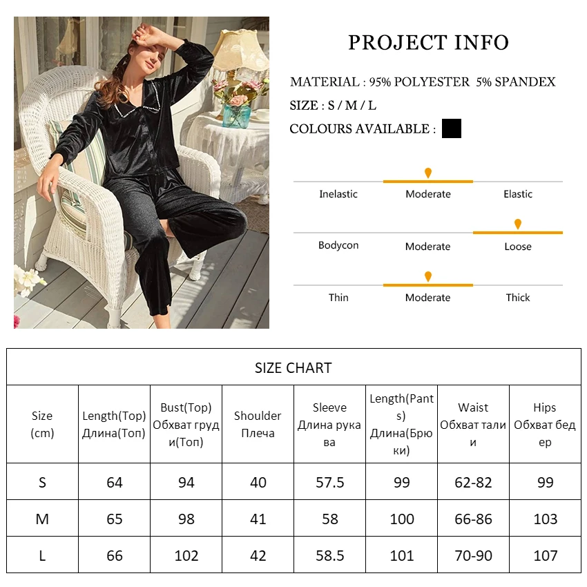 

Restve Black Velvet Sleepwear Female 2 Piece Set Knit Long Sleeve Turn Down Collar Tops Home Suit Sets With Pants Autumn Casual