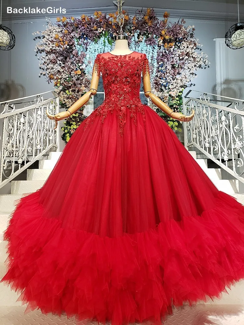 2020 Mariage Красные Свадебные платья с круглым вырезом и рукавами крылышками платье