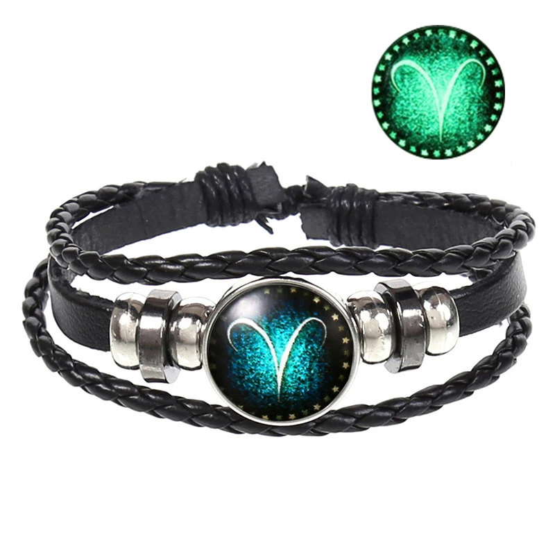 12 Созвездие светящийся знак зодиака черный плетеный кожаный браслет Рак Leo Virgo