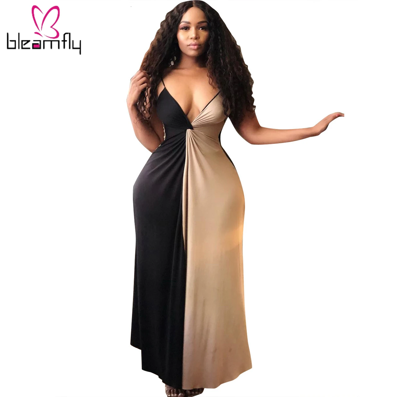 2019 женское летнее длинное платье на тонких бретелях с высокой талией и глубоким v