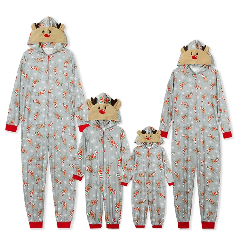 Adult Kids Family Matching Onesies Pajamas Cute Cartoon Elk Antler Hooded Christmas Zipper Jumpsuit Xmas Holiday Long Sleeve