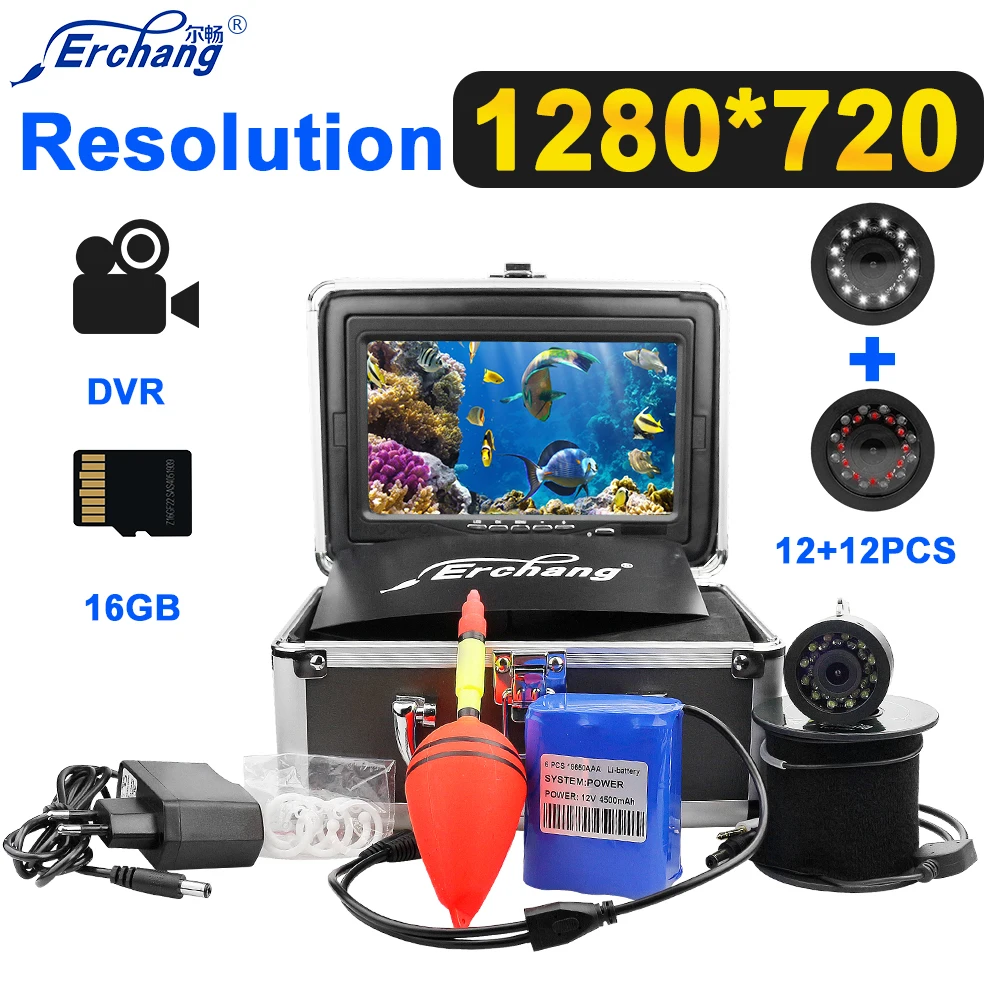 Erchang рыболокатор DVR подводная камера для рыбалки 7 ''HD 1280*720 Монитор 12PSC инфракрасный+ 12 шт. белые светодиоды с 16 ГБ TF картой