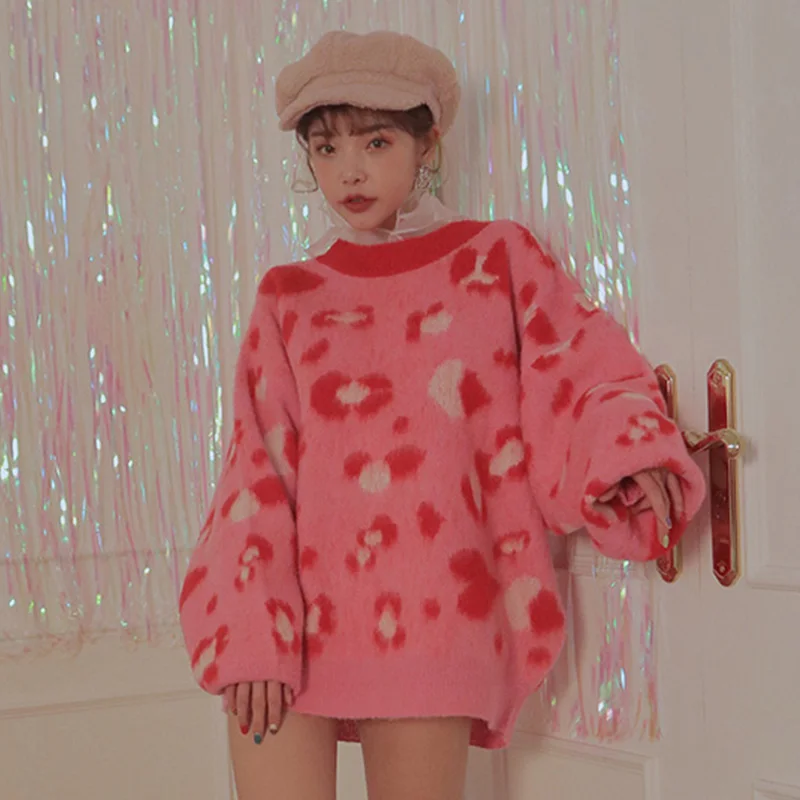 WHITNEY WANG 2021 Autumn Winter Fashion Streetwear Korean Style Leopard Oversize Sweater Women Pullover Jumper | Женская одежда