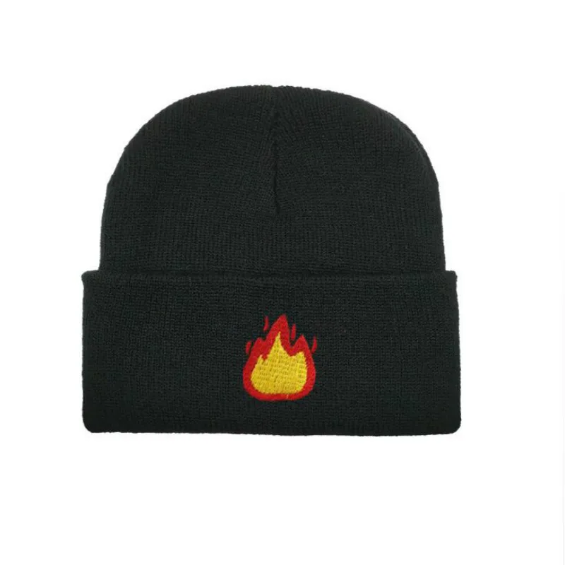 Мужские шапочки с вышивкой в виде огня Повседневная теплая вязаная шапка