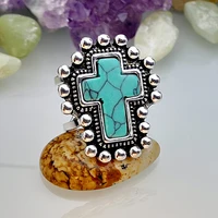fashion women jewelry popular electroplated ancient silver natural turquoise cross ring personality girl factory direct sales