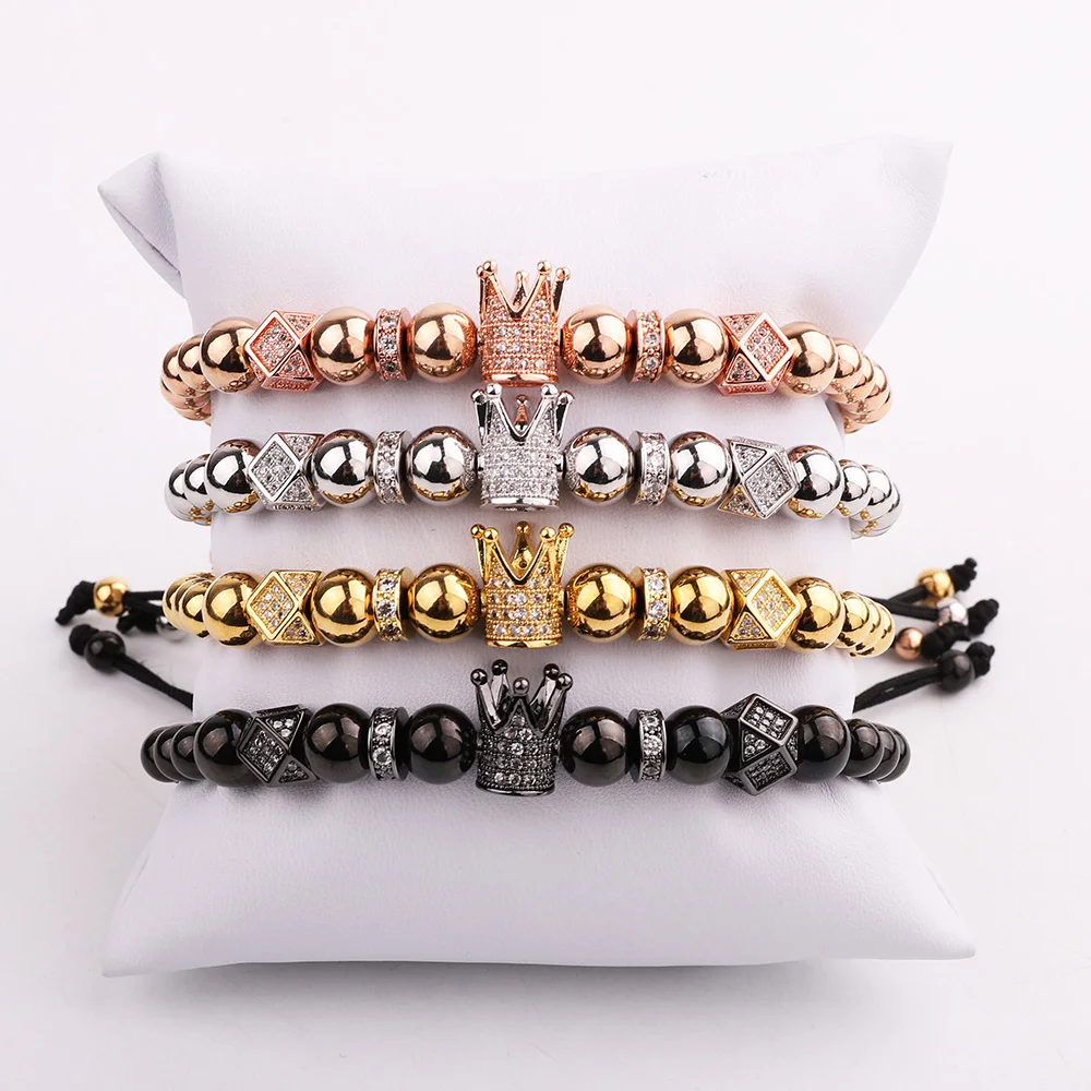 

Jaravvi Micro CZ Pave Crown Charm Handmade Stainless Steel Braided Macrame Friendship Bracelet Men Women Jewelry Gift