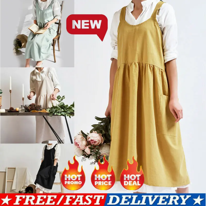 

Women Cotton Linen Bib Apron Sleeveless Housewife Garden Work Pinafore Home Knee Length Cooking Florist Pockets Dress Plus