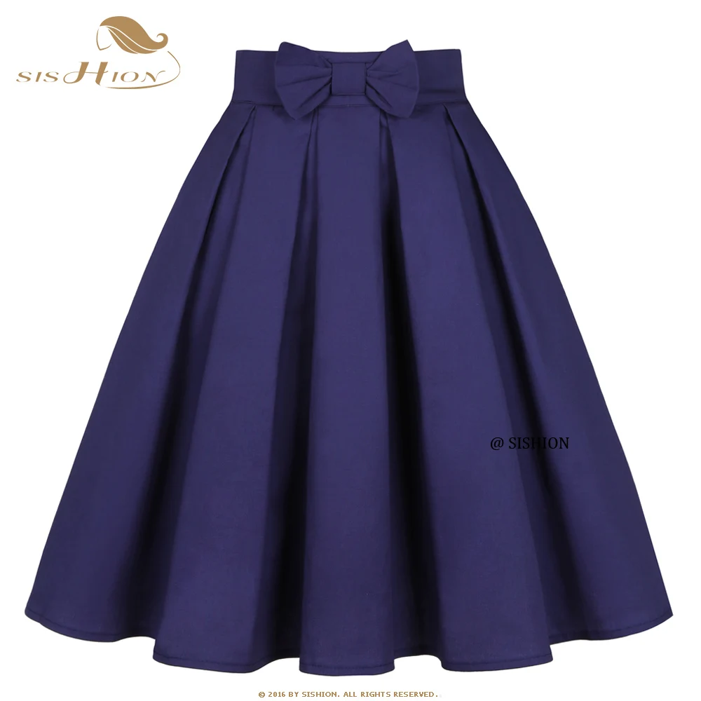 

SISHION Women Solid Color Bow Cotton Navy Blue Skirt SS0012 50s 60s Hepburn High Waist Vintage Retro egirl Skater Pleated Skirt