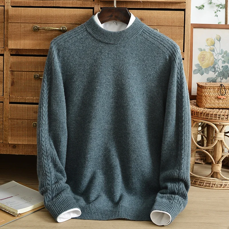 

Men's cashmere sweater thick winter half turtleneck floral yarn pure cashmere sweater jacquard warmth fashion all-match sweater