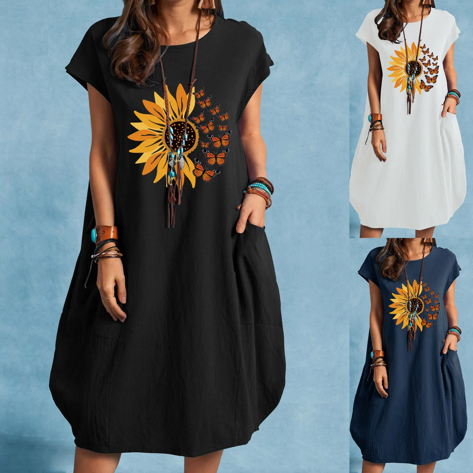 

2021 New Dress Fashion Ladies Casual O-neck Butterfly Flower Print Plus Size Pocket Dress Casual Short-sleeved Dress Платье