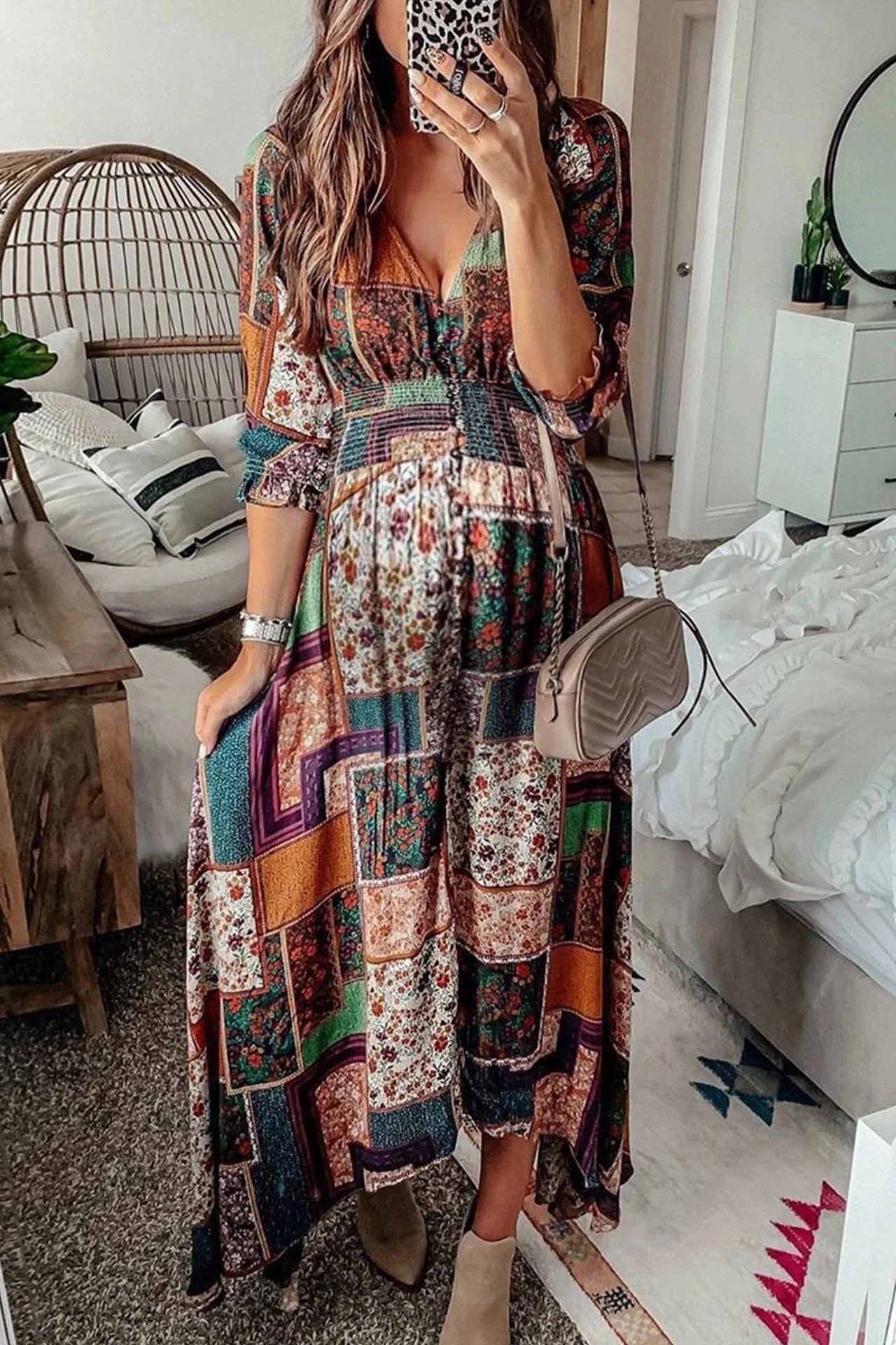 

boho hippie chic print vacation dress Laides beach going out dress Women 3/4 sleeve v neck elastic waist swing maxi dress