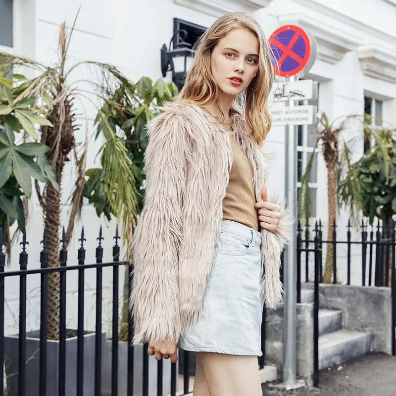Fashion Furry Faux Fur Coat Women Fluffy Warm Long Sleeve Female Outerwear Autumn Winter Coat Jacket Hairy Collarless Ove