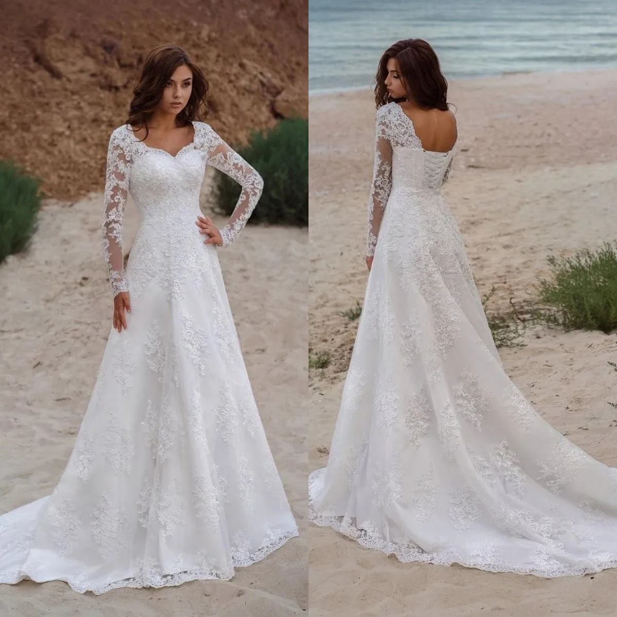 

Eleganr Lace-Up Wedding Dresses Lace Applique Long Sleeve Bridal Gowns Sweep Train Custom Made Beach Abiti Da Sposa
