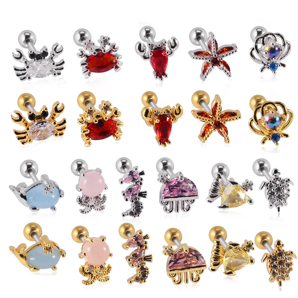

1PC Stainless Steel Zircon Ocean Series Cartilage Earrings for Women Cute Fish Crab Helix Lobe Screw Back Stud Piercing Jewelry