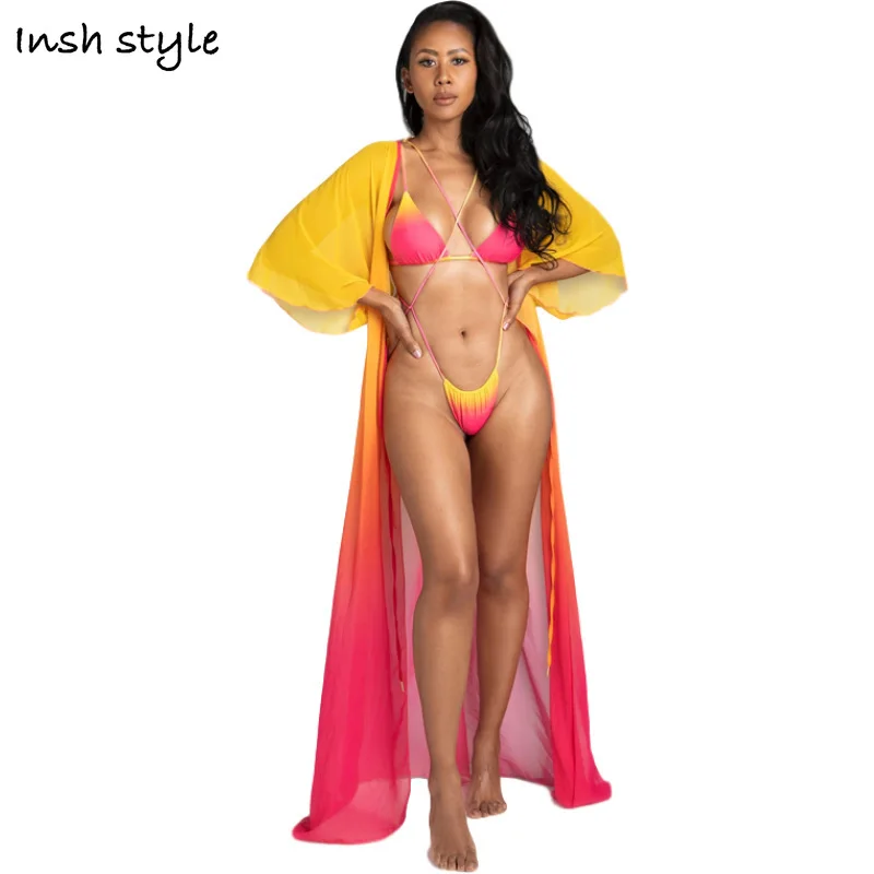 

INSH 2021 Summer/Spring Sexy Rope Split Color Swimsuit Colorful Three-Point Women's Bikinis,Sandy/Seaside Beach veil