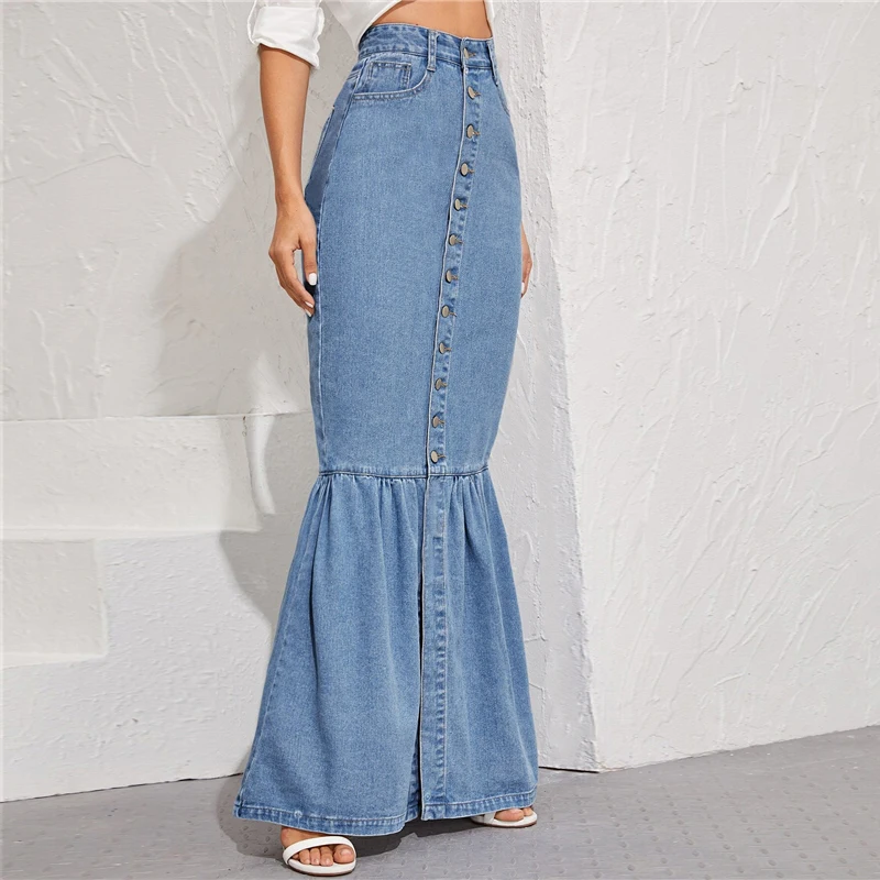 SHEIN, синяя джинсовая юбка макси с пуговицами спереди, рыбий хвост, Женская Осенняя юбка с карманами, высокая талия, вечерние, повседневные, облегающие, облегающие, Юбки Русалки