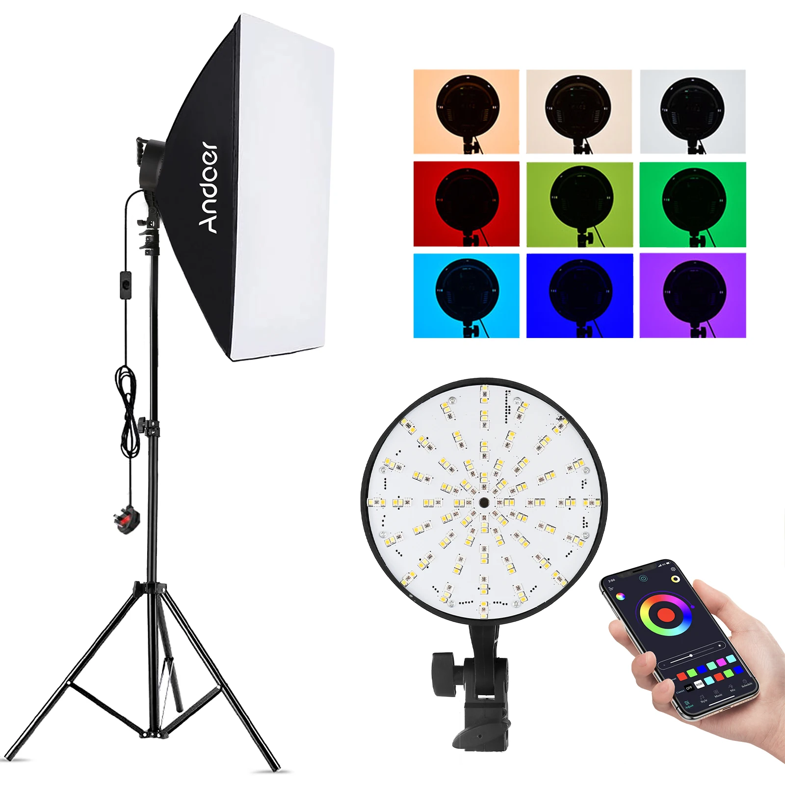 

Комплект для студийной фотосъемки Andoer, софтбокс RGB с управлением через приложение, 50 Вт, 3200K-5500K светильник для прямой портретной съемки