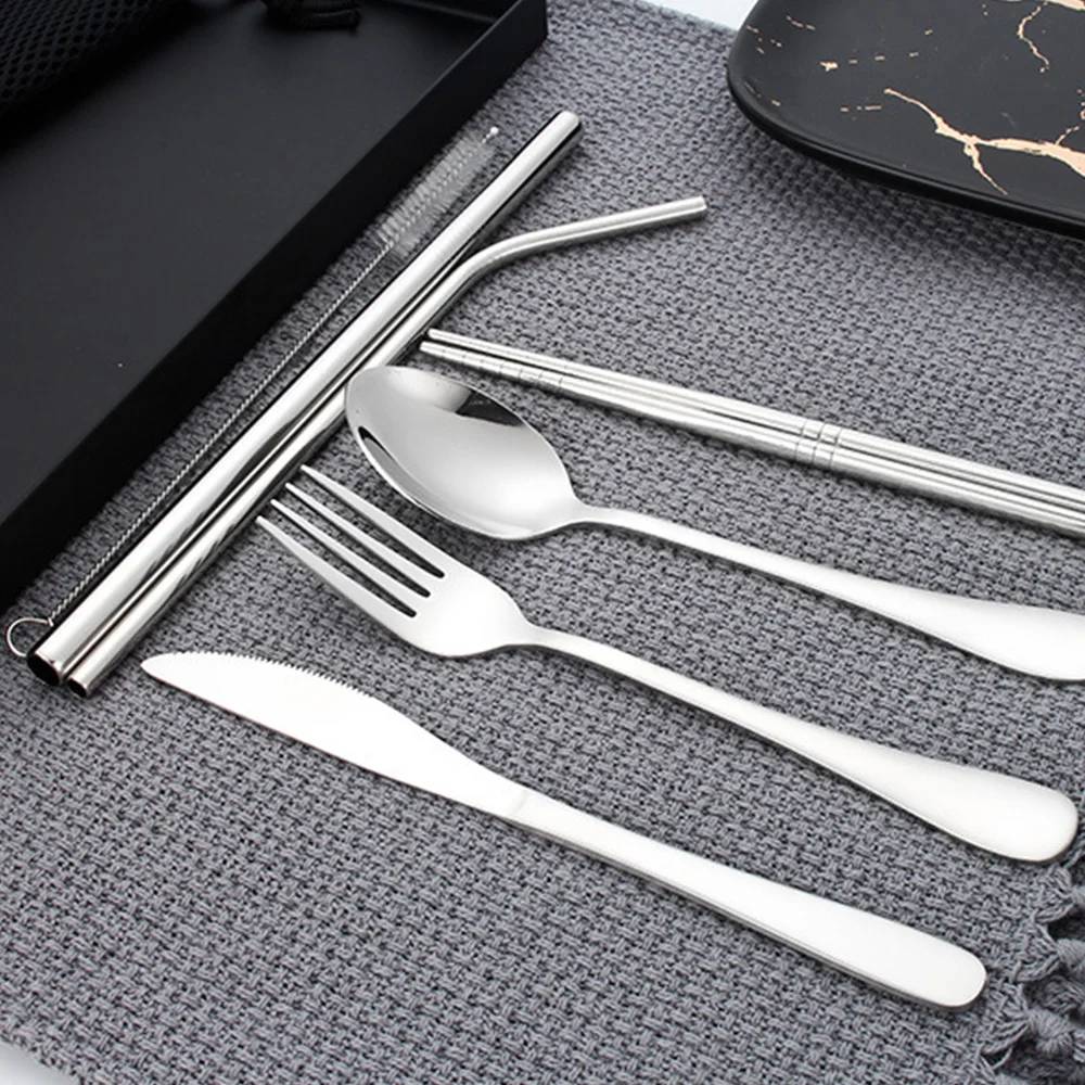 

9pcs Sliver Dinnerware Set Stainless Steel Tableware Knife Fork Spoon Chopsticks Set Travel Cutlery Tableware with Storage Box