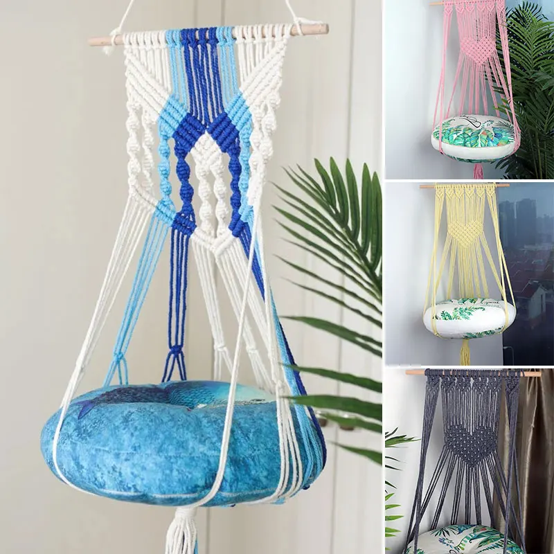 

Hand-Woven Hanging Basket Cotton Pet Nest Cat Dog Hammock Thread Toy Swing Bohemian Wall Hanging Macrame 6 Color