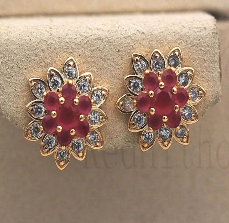 OBS3112-Gold-Red Роскошные серьги-гвоздики для Для женщин Золотой Цвет серьги в форме цветка с Красный зелёный циркон, Мода ювелирные изделия для вечерние свадебные Юбилей подарок - Окраска металла: OBS3112-Gold-Red