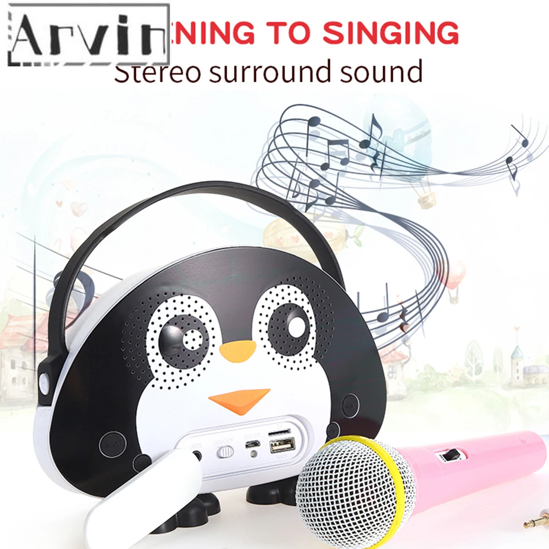 Children Portable Bluetooth Speaker Wireless Soundbar Karaoke Machine With Microphone Interactive Toy Gift For Kids-Black White |