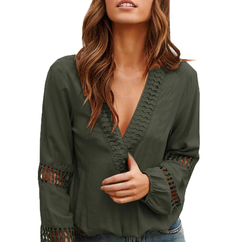 Army Green Wenyujh Women's Deep V Neck Long Sleeve Solid Shirts Female Spring Autumn Loose Top Sexy Hollow Out Lantern Sleeve Blouse - Color: Army Green