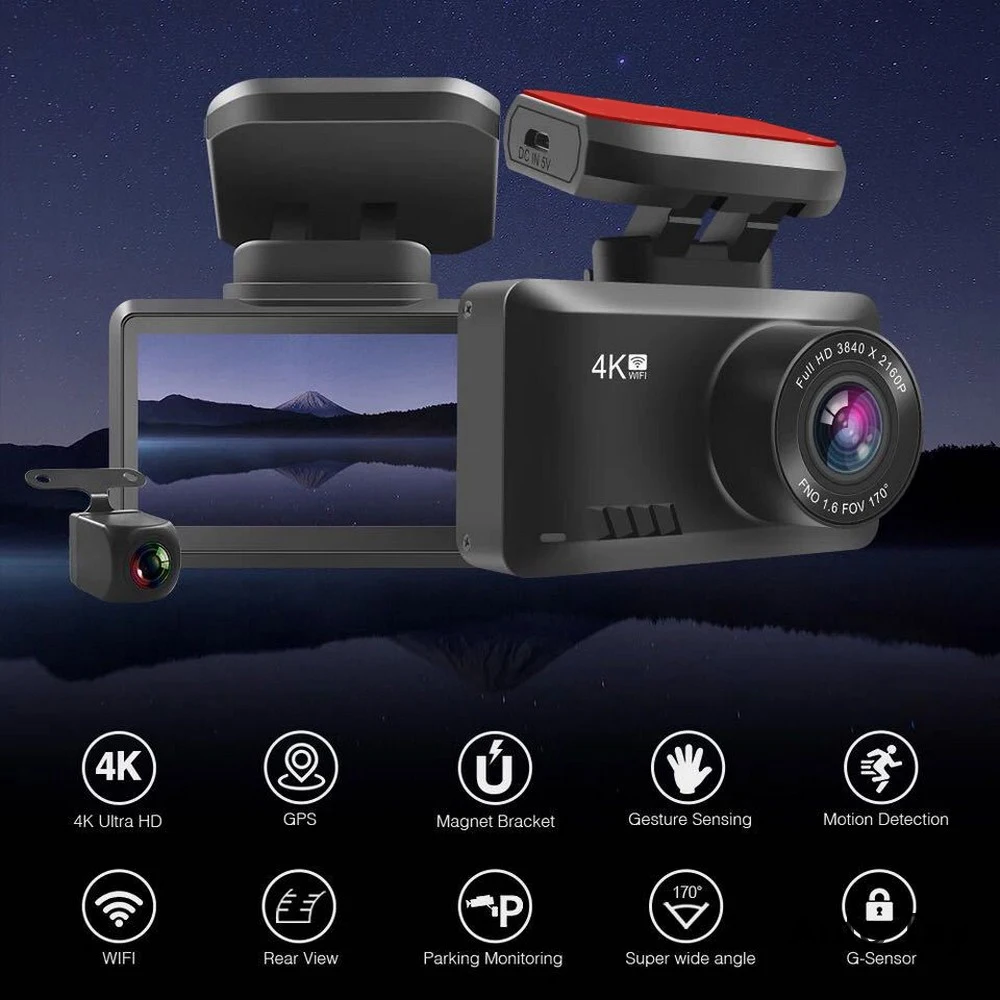 Автомобильный регистратор вождения Wifi GPS Ultra HD Real 4K 3840*2160P с двумя объективами DVR