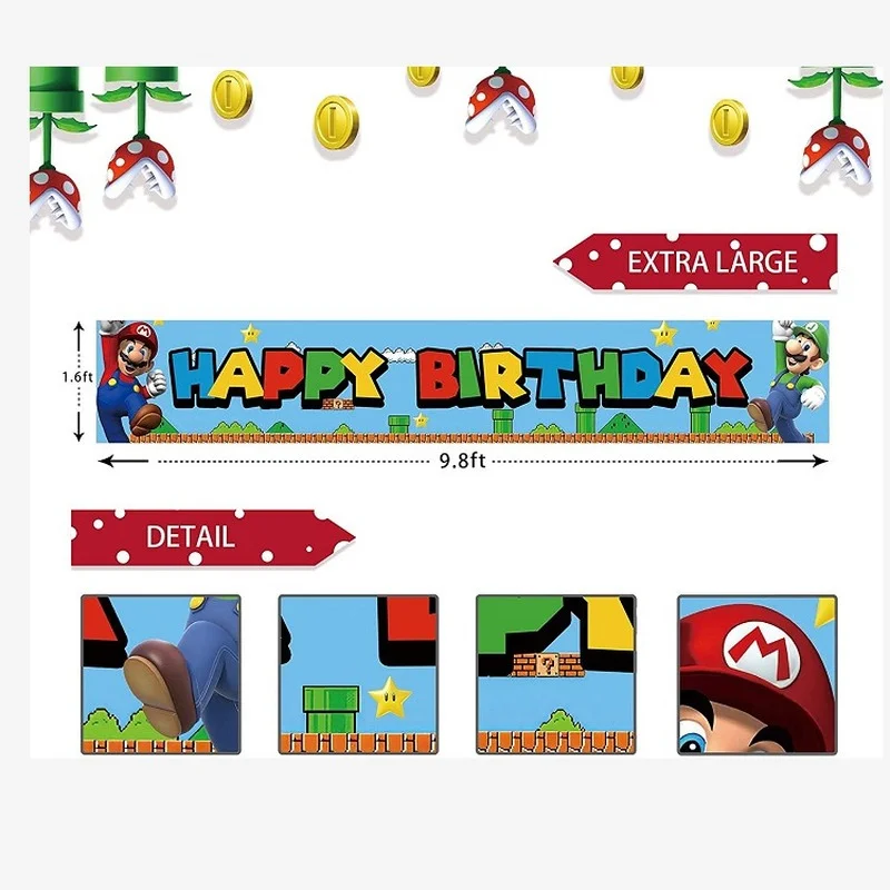 Pancarta de cumplea&ntilde;os de Super Mario para exteriores, 50x300cm, bandera para decorar, suministros de fiesta de cumplea&ntilde;os para ni&ntilde;os, regalos para casas de jard&iacute;n-3