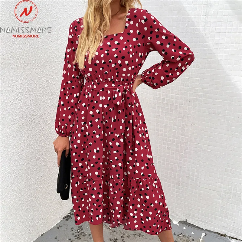 

Женское платье-трапеция в горошек, с квадратным вырезом и длинным рукавом