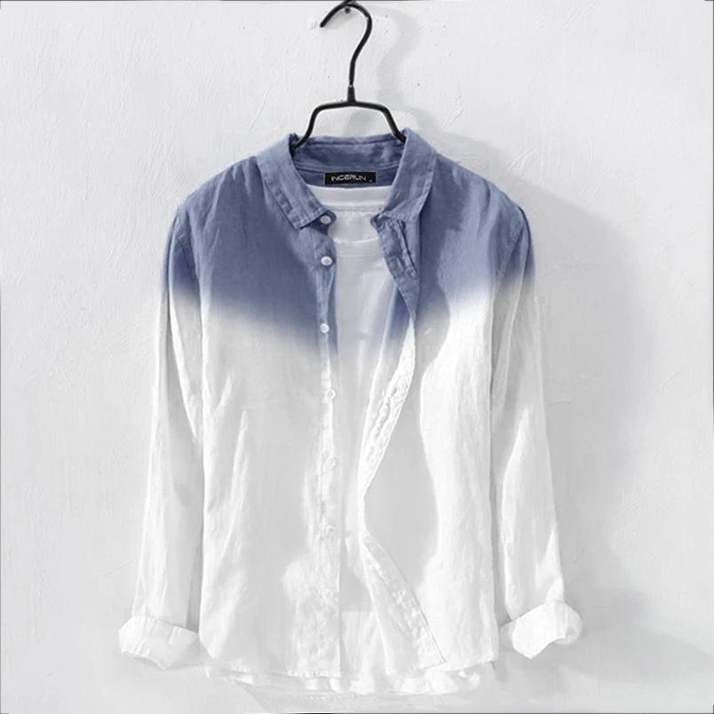 Dark Blue Shirt INCERUN, модная мужская рубашка, окрашенная, градиентная, хлопок, с отворотом, высокая уличная, с длинным рукавом, мужские повседневные рубашки, Camisa Masculina - Цвет: Dark Blue Shirt