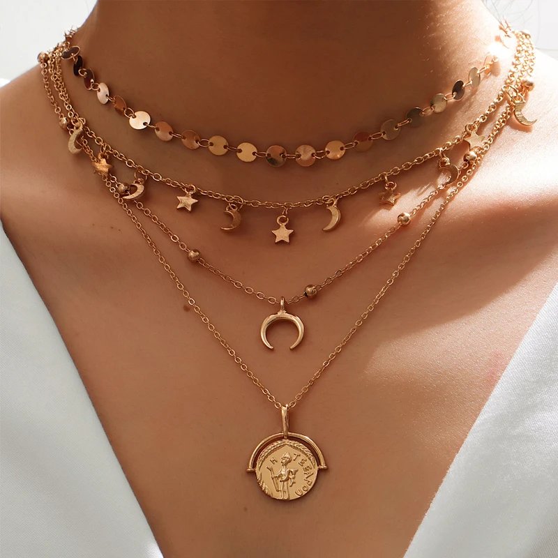

Женское колье-чокер с цепочкой, многослойное ожерелье золотистого цвета в богемном стиле с изображением Луны и звезды, металлическая цепоч...